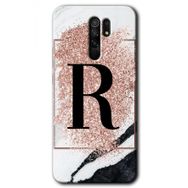 Xiaomi Redmi 9 Pembe Mermer Desenli R Harfi Baskılı Uyumlu Silikon Kılıf