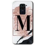 Xiaomi Redmi Note 9 Pembe Mermer Desenli M Harfi Baskılı Uyumlu Silikon Kılıf