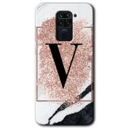 Xiaomi Redmi Note 9 Pembe Mermer Desenli V Harfi Baskılı Uyumlu Silikon Kılıf