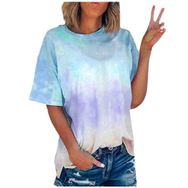 YRxUIAI Gradyan Batik Mavi Sky Blue Bisiklet Yaka Kısa Kollu Üst Bol Kadın Tişört