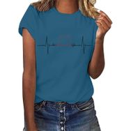 YRxUIAI Love Current A-Koyu Mavi Baskılı Bisiklet Yaka Kısa Kollu Kadın T-shirt