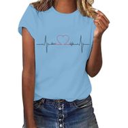 YRxUIAI Love Current A-Mavi Baskılı Bisiklet Yaka Kısa Kollu Kadın T-shirt