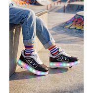 YVZ Patenli Işıklı Spor Ayakkabısı & Tekerlekli Sneakers Paten Ayakkabı Ortopedik Modeli Silikon Teker Saat Hediyeli - Siyah - 32