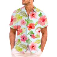 YWBleked Hawaii 3D Baskılı Çiçek Desenli Açık Mavi Erkek Gömlek