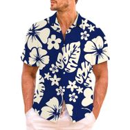 YWBleked Hawaii 3D Baskılı Çiçek Desenli Lacivert Erkek Gömlek