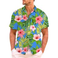 YWBleked Hawaii 3D Baskılı Çiçek Desenli Mavi Erkek Gömlek