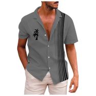 YWBleked Hawaii Çizgili Baskı Gri Erkek Gömlek