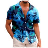 YWBleked Hawaii Vintage Baskılı Çiçekli Mavi Kareli Koyu Mavi Erkek Gömlek
