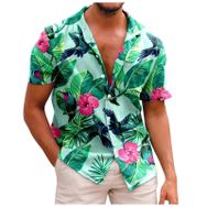 YWBleked Hawaii Vintage Baskılı Çiçekli Mavi Kareli Yeşil Erkek Gömlek