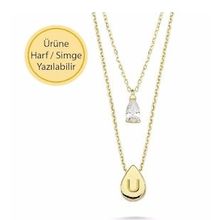 14 Ayar Altın Damla Taşlı İkili Kolye