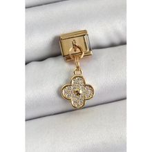 316L Çelik Sallantılı Zirkon Taşlı Yonca Model Gold Renk Nomination Charm