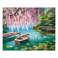 40x50 cm Pembe Söğüt ve Göl Sayılarla Boyama Seti Çerçevesiz Duvar Sticker