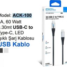 ACL ACK-100 3A 60 W 0.30 mt USB-C to Type-C Led Işıklı USB Uyumlu Şarj Kablosu