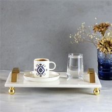 Akayev Mermer Beyaz 30x20 cm Altın Boncuk Ayaklı Tepsi