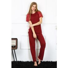 Akbeniz 4152 Bordo Kolu Dantelli Penye Kadın Pijama Takım