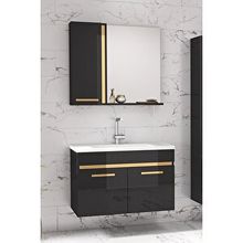 Alfa Banyo Yeni Gold Siyah 65 cm Aynalı Seramik Lavabolu Banyo Dolabı Takımı
