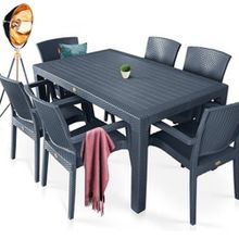Almina Italy 80x140 Antrasit Renk Camsız 6 Kişilik Rattan Desenli Bahçe Masa Takımı