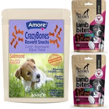 Amore Crazybones 550 gr Somonlu Atıştırmalık Yumuşacık Köpek Ödülü + 2x80 gr New Story Lamb Bites Köpek Ödülü