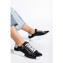 Analin Shoes 2665 Siyah Gümüş Hakiki Deri Fermuarlı Kadın Spor Ayakkabı