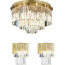 Apliqa Nilüfer Yuvarlak Eskitme 3 Parça Kristalli Taşlı Modern Tasarım Kristal Salon Avize-Aplik Seti