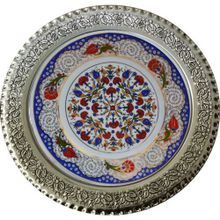 Armada Çini Prt 41 25 cm Mavi Altın Yaldızlı Lale Karanfil Gümüş Çini Tabak