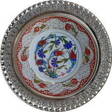 Armada Çini Prt 50 25 cm Kırmızı Altın Yaldızlı Lale Karanfil Gümüş Çini Tabak