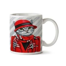 Art Hediye Hipster Kedi Kırmızı Takım Şapka Ceket İki Tarafı Baskılı Kupa Bardak