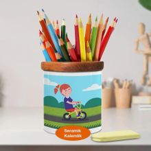 Asilmeydan 446684070 Bisiklette Sevimli Kız Ahşaplı Seramik Kalemlik