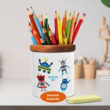 Asilmeydan 448896185 Sevimli Renkli Robotlar Ahşap Seramik Kalemlik