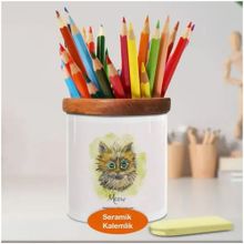 Asilmeydan 448969757 Sevimli Bakışlı Kedi Ahşap Seramik Kalemlik