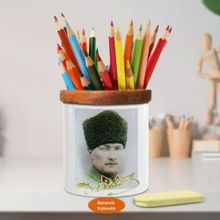 Asilmeydan 449267675 Mustafa Kemal Atatürk Kalpak Şapkalı Ahşap Seramik Kalemlik