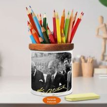 Asilmeydan 449423377 Takım Elbiseli Mustafa Kemal Atatürk Ahşap Seramik Kalemlik