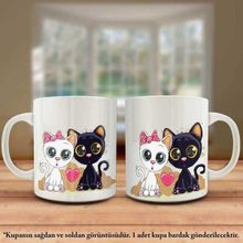 Asilmeydan Çift Yön Renkli Baskılı Sevimli İki Kedi Kalp Karikatür Kupa Bardak