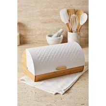 Atbyhome Bambu Gövdeli Beyaz Pane Ekmek Dolabı 38X25X18.5 cm - Mekanizmalı Metal Kapaklı Ekmeklik