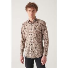 Avva A22Y2013 Erkek Kamel Soyut Desenli %100 Pamuk Slim Fit Gömlek