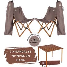 Bag The Joy Kahverengi İskelet Koyu Gri Kılıf ve 70x70x55 cm Kahverengi Masa Ahşap Katlanır Masa Sandalye Seti