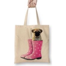 Baskı Dükkanı Botlu Pug Botlu Köpek Bez Uzun Saplı Krem Rengi Çanta