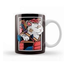 Baskı Dükkanı Japanese Art Cat Samurai Ninja Katana Warrior Kendo Sword Porselen Beyaz Kupa Bardak