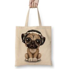 Baskı Dükkanı Müzik Pug Köpek Bez Uzun Saplı Krem Rengi Çanta