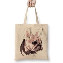 Baskı Dükkanı Pug Köpek Fransız Bulldog Bez Uzun Saplı Krem Rengi Çanta
