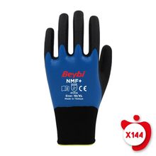 Beybi NMF+ Mavi 8 Beden 144 Çift Tam Kaplı Mikro Köpük Nitril Kaplı Polyester Örgü Eldiven
