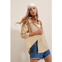 Bigdart 3900 Bej Oversize Uzun Basic Kadın Gömlek