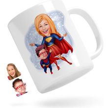 BK Kişiye Özel Süper Anne ve Çocuk Karikatürlü Beyaz Kupa Bardak