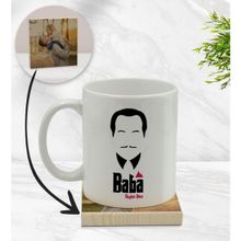 BK Model 12 Kişiye Özel Baba Godfather Tasarımlı Beyaz Kupa Bardak ve Ahşap Bardak Altlığı Hediye Seti