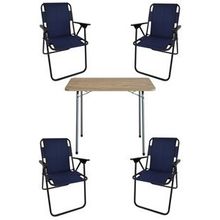 Bofigo 60x80 cm Çam Desenli Katlanır Masa + Katlanır Lacivert 4 Adet Sandalye Kamp Seti