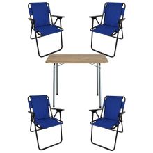 Bofigo 60x80 cm Çam Desenli Katlanır Masa + Katlanır Mavi 4 Adet Sandalye Kamp Seti