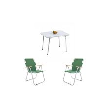 Bofigo Beyaz 60x80 cm Kamp Masası + Katlanabilir Ahşap Kollu 2 Adet Yeşil Kamp Sandalyesi