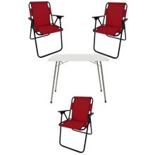 Bofigo Katlanır Beyaz Mermer Desenli 60x80 cm Kamp Masası + Katlanabilir Ahşap Kollu 3 Adet Kırmızı Sandalye Kamp Seti