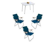 Bofigo Katlanır Beyaz Mermer Desenli 60x80 cm Kamp Masası + Katlanabilir Ahşap Kollu 3 Adet Mavi Sandalye Kamp Seti