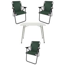 Bofigo Katlanır Beyaz Mermer Desenli 60x80 cm Kamp Masası + Katlanabilir Ahşap Kollu 3 Adet Yeşil Sandalye Kamp Seti